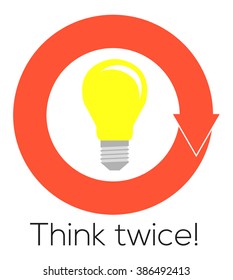 Flat illustration of lightbulb in circular arrow with Think twice text, isolated on transparent background