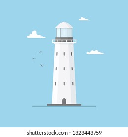 Flat illustration of lighthouse building and blue sky, path lighting. Searchlight tower with seagull for marine navigation of ships. Sea pharos or beacon. Marine and ocean theme seaside background.