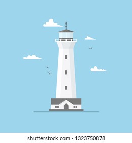 Flat illustration of lighthouse building and blue sky, path lighting. Searchlight tower with seagull for marine navigation of ships. Sea pharos or beacon. Marine and ocean theme seaside background.