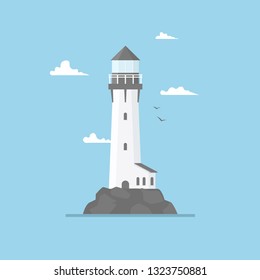 Flat illustration of lighthouse building and blue sky, path lighting. Searchlight tower with seagull for marine navigation of ships. Sea pharos or beacon. Marine and ocean theme seaside background.