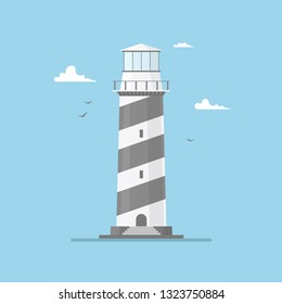 Flat illustration of lighthouse building and blue sky, path lighting. Searchlight tower with seagull for marine navigation of ships. Sea pharos or beacon. Marine and ocean theme seaside background.