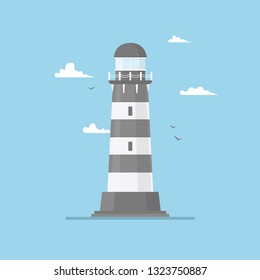 Flat illustration of lighthouse building and blue sky, path lighting. Searchlight tower with seagull for marine navigation of ships. Sea pharos or beacon. Marine and ocean theme seaside background.