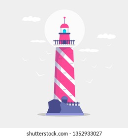 Flat illustration of lighthouse building, path lighting. Searchlight tower with seagull for marine navigation of ships. Sea pharos or beacon.