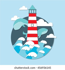 Flat illustration lighthouse with whale in blue sky in circle 