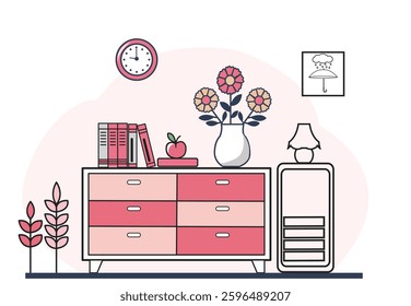 Flat illustration linear outline of icon furniture. Piece of bedroom furniture and home interior. Modern commode with books, plants, Nightstand. Chest of drawers in scandinavian style.