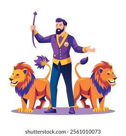 A flat illustration of a lion tamer 
