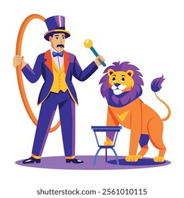 A flat illustration of lion trainer performing in a circus 

