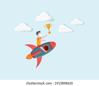 flat illustration of a little boy riding a rocket to grab a trophy