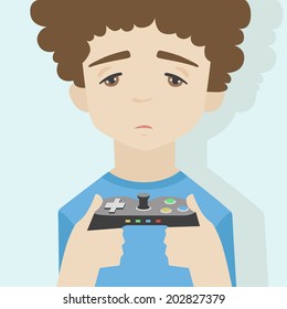 Flat illustration of little sad boy portrait, looking at the monitor and holding gamepad showing with the face expression of game over. Flat design style modern vector illustration concept. 