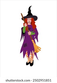 Flat illustration of little smiling girl in witch costume with broom and hat. Children's celebration of hellowen event in festive costumes.