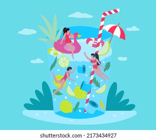 Flat illustration little woman swimming in a pool of lemon drink It is an activity for relaxing in the summer at the sea.