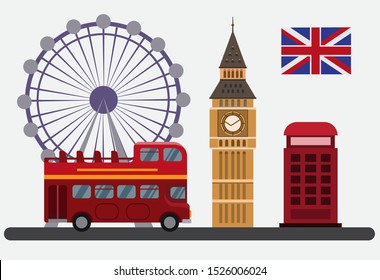 Flat illustration with London Eye, red bus double decker, telephone box and other symbols of London, england, uk