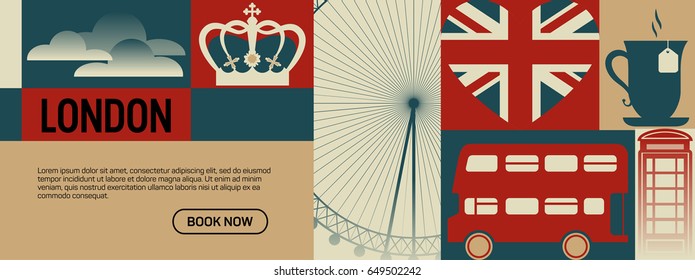 Flat illustration with London Eye, red bus, telephone box and other symbols of London. Concept for travel banner.