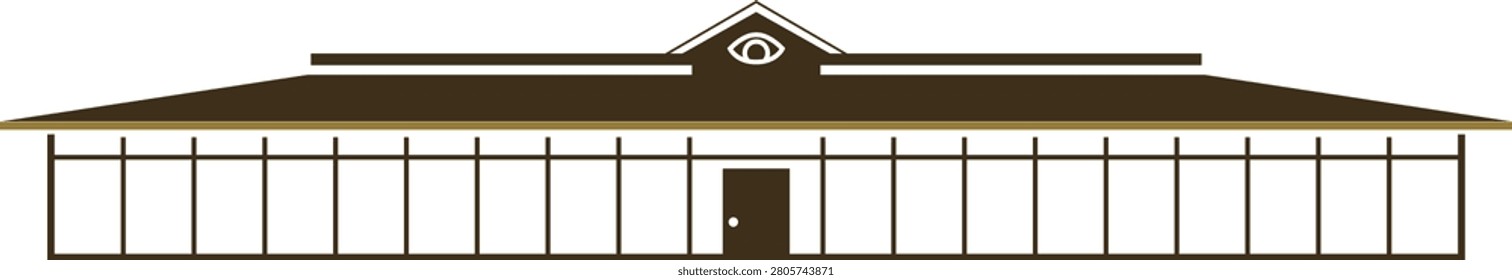 Flat illustration of a long classical building facade with many windows low roof and centered entrance