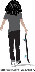 flat illustration long curly man with skateboard