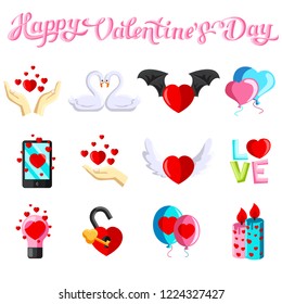 Flat illustration with love images. Icons for Valentine's Day. Love icons. Beautiful lettering for Valentine's Day