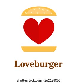 Flat illustration of "loveburger" bread with heart and text.