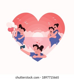flat illustration of lover dating, man holding a girlfriend, girl and boy take a selfie photo together in silhouette of love heart, valentine day flat illustration concept, Love symbol with couple set