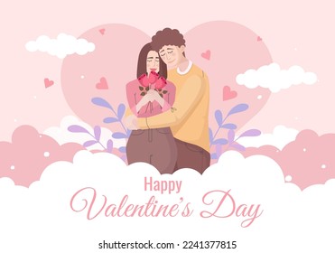 flat illustration with lovers on the background of clouds and hearts and text happy valentines day