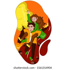 Flat illustration with lovers. Vector illustration of a cheerful guy with a girl. Illustration of a white guy with a girl walking in the park. Autumn park and lovers.