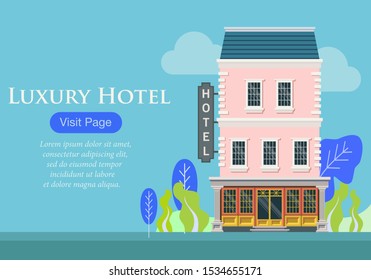 Flat illustration of a luxury hotel building and classic style. Web page design concepts for the promotion of vacation lodging venues. Luxury five star hotel exterior design.