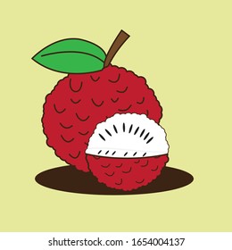 Flat Illustration. Lychee fruit isolated on plain background. Suitable for wallpaper, banner, Children book illustration, card invitation, flyer, web design. Healty Food.