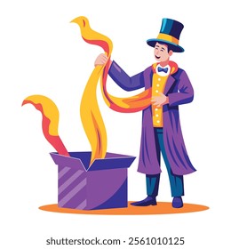 A flat illustration of a magician character showing magic trick with a box 
