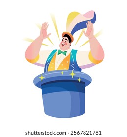 A flat illustration of magician come out from the hat 
