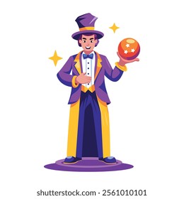 A flat illustration of a magician holding a magic ball 

