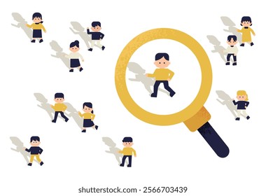 Flat illustration of a magnifying glass and a chosen character ( Vector background material eye catching white background 1:1.191 )	