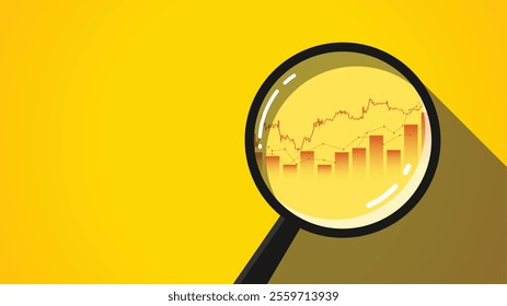 Flat illustration of a magnifying glass and financial chart on a yellow background. Global market analysis concept
