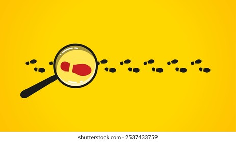 Flat illustration of magnifying glass and footprints. The concept of fact-finding by detectives, investigation, analysis, and collection of evidence information