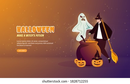 Ilustración plana de hacer la poción de una bruja para el concepto del partido de Halloween