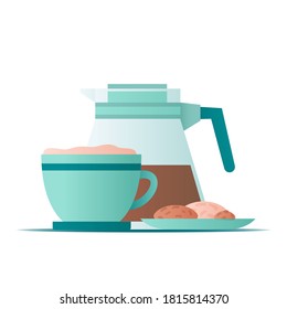 Flat illustration сoffee maker and coffee mug with a plate of cookies on white background for concept design. Vector  illustration.