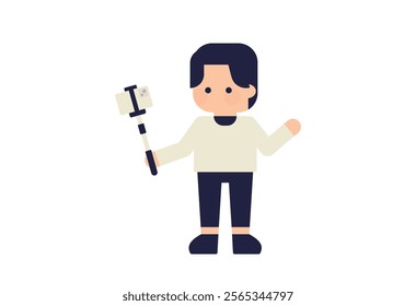 Flat illustration of a male character holding a selfie stick | Self-expression in the digital age ( Vector human material, deformed, simple )	