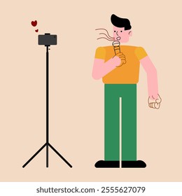 Flat Illustration of Male Content Creator Singing on Live Stream with Smartphone Tripod