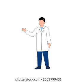 Flat illustration of a male doctor wearing a white coat and stethoscope. Medical professional character for health apps, infographics, or education