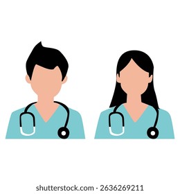 Flat Illustration of Male and Female Medical Personnel with Stethoscope, Simple Avatars in Medical Uniform