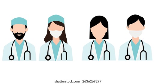 Flat Illustration of Male and Female Medical Personnel with Stethoscope, Simple Avatars in Medical Uniform
