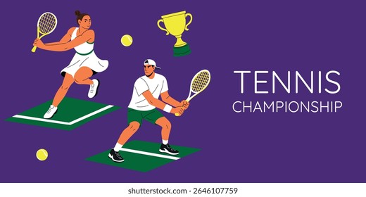Flat illustration of male and female tennis players on grass court. Summer tournament concept with dynamic poses and modern purple background. Perfect for sport posters or banners.