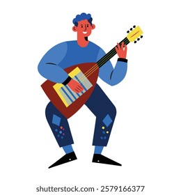 A flat illustration of male musician playing string instrument