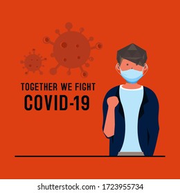 Flat illustration male say together we fight corona virus vector design