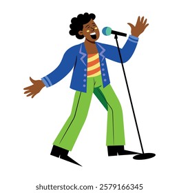 A flat illustration of a male singer performing with mic