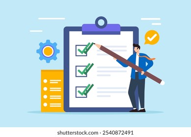 Flat illustration of male supervisor use pencil double check business checklist on clipboard