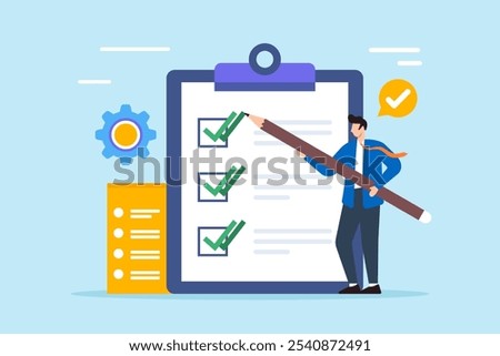 Flat illustration of male supervisor use pencil double check business checklist on clipboard