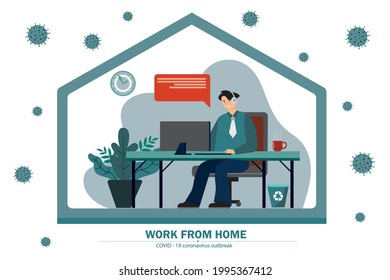 Flat illustration. A male worker sitting on a desk with a computer in his home. to prevent infection with covid 19 by using modern internet technology