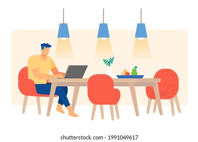 Flat illustration of a male worker working from home. Asian man using laptop to work remotely at his dining room