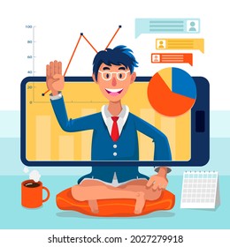 Flat Illustration of Male Worker Working from Home, giving online presentation, online classes, remote working