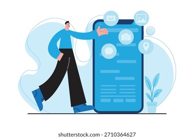 Flat illustration of a man accessing messaging, email, and media features on a large mobile app interface for digital communication and technology concepts.