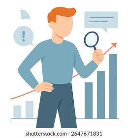 Flat Illustration of Man Analyzing Growing Graph Bar and Chat Bubble